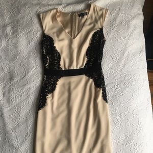 Beige Midi dress with black lace detail